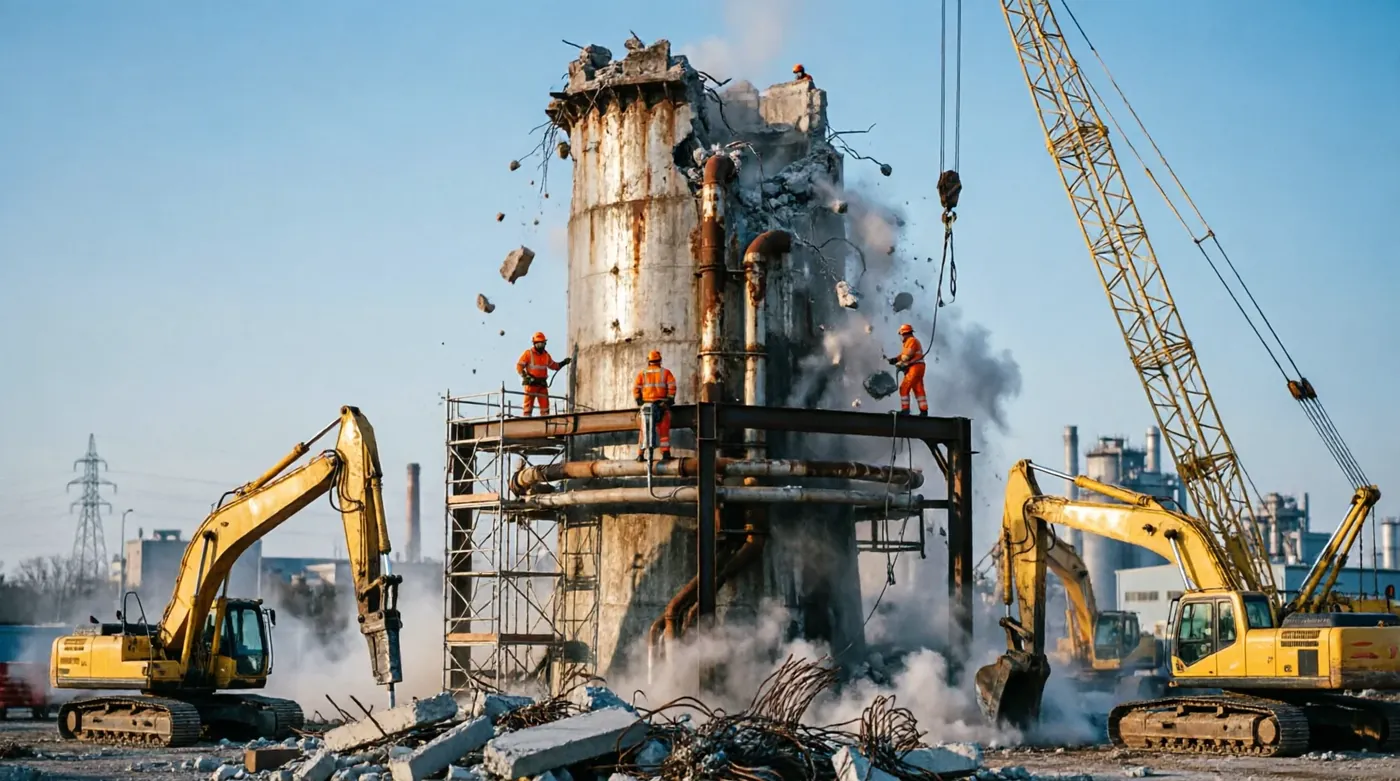Demolición de silos con grúas y excavadoras trabajando en conjunto