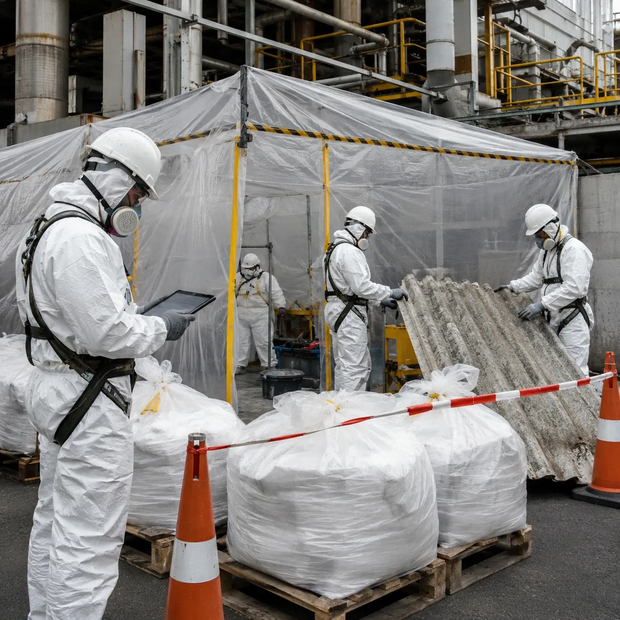 Cuadrilla trabajando bajo confinamiento y residuo embalado en una planta industrial