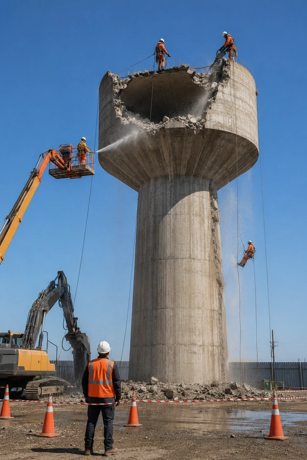 Cuadrilla demoliendo una copa de agua con supresión de polvo