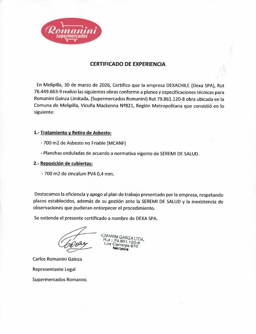 Certificado de experiencia de Supermercados Romanini