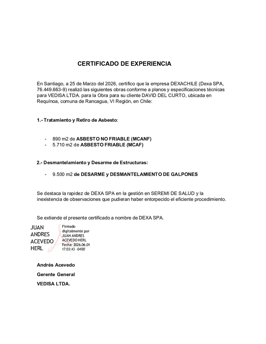 Certificado de experiencia de VEDISA · David del Curto