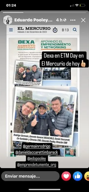 Mensaje en redes: «Dexa en ETM Day, en El Mercurio de hoy»